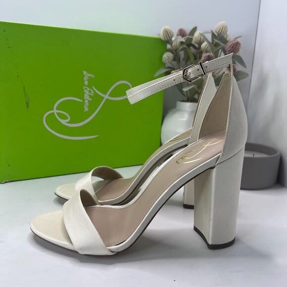 Sam Edelman Yaro Pearl/Ivory Satin Ankle Strap Block Heel Sandals Women's US 10W - Picture 1 of 13